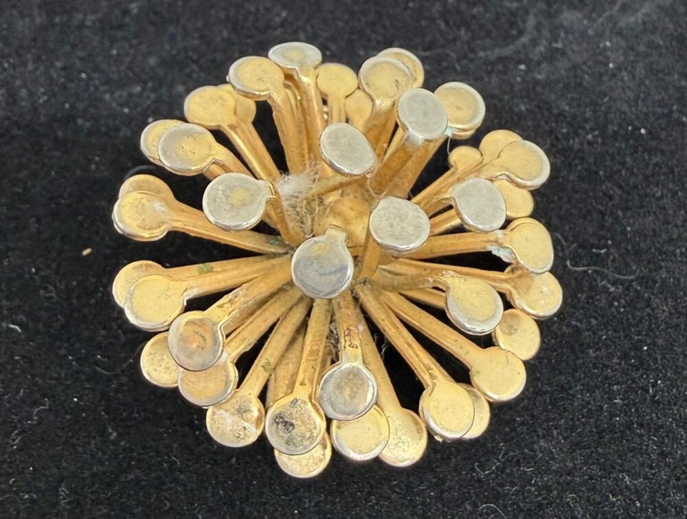 VINTAGE Gold Tone Sunburst Brooch Mid Century Atomic Statement Jewelry Lapel Pin
